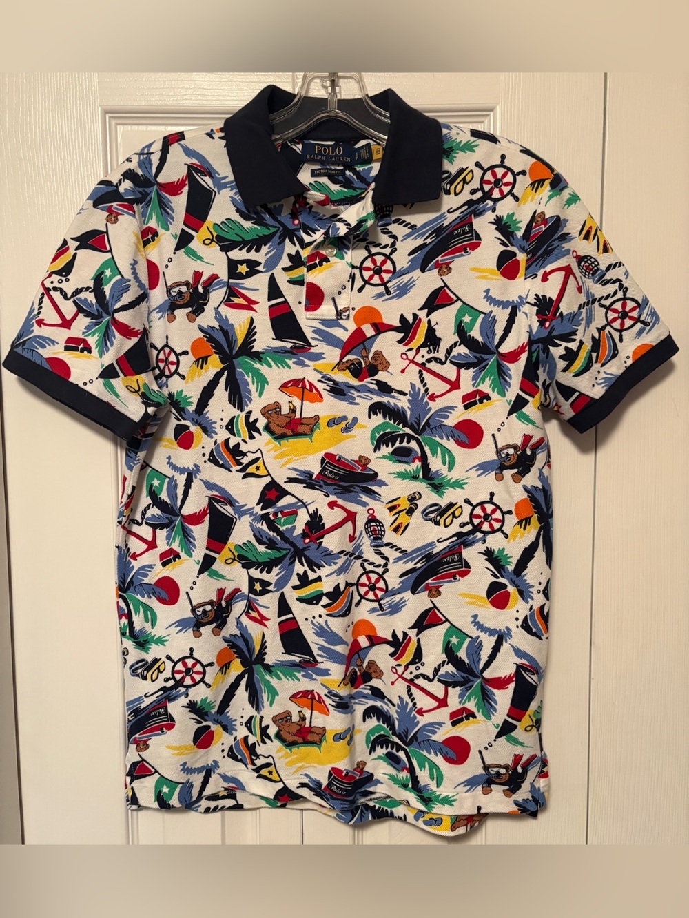 Polo Ralph Lauren All Over Nautical Bear Print Pique Polo Shirt Slim Fit Size S